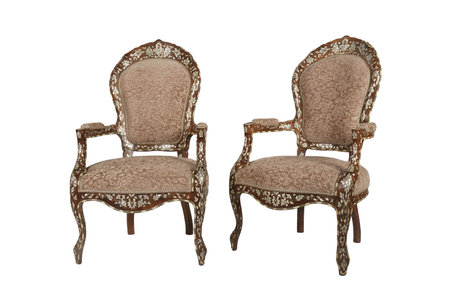 Two antique armchairs isolated on white background. Clipping path included.の写真素材