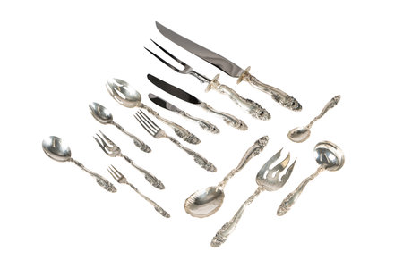 Set of silver cutlery isolated on white background with clipping pathの写真素材