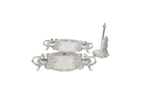 Silver tea set isolated on a white background. Clipping path included.の写真素材