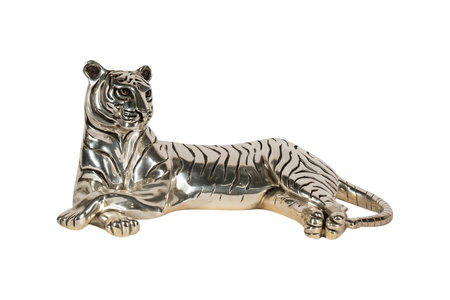 Silver tiger statue isolated on white background with clipping path, close upの写真素材