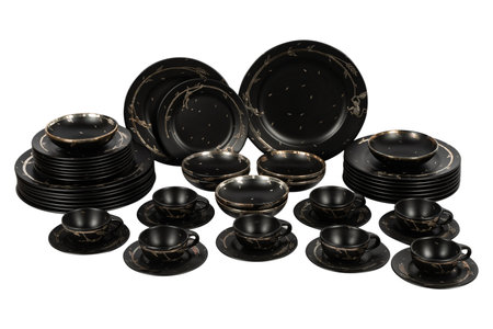 Set of black ceramic tableware isolated on white background with clipping pathの写真素材