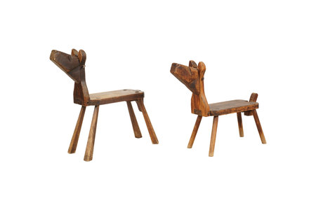 Two old wooden chairs isolated on a white background with clipping path.の写真素材