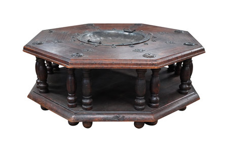 Antique wooden table isolated on white background. Clipping path included.の写真素材