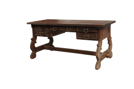 Old wooden table isolated on white background. Clipping path included.の写真素材