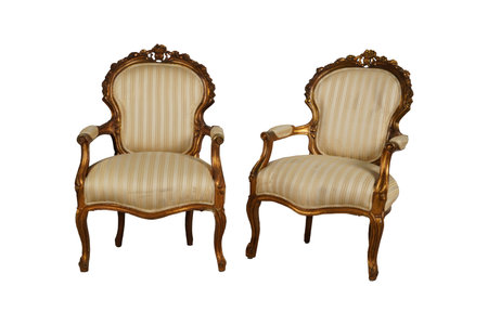 Two antique armchairs isolated on white background. 3d rendering.の写真素材