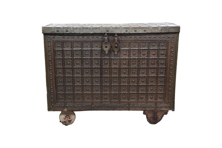 Antique metal chest isolated on white background, clipping path included.の写真素材