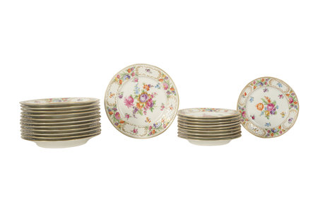 Set of porcelain dishes isolated on white background with clipping pathの写真素材