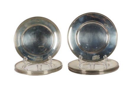 Vintage silver plate isolated on white background, clipping path included.の写真素材