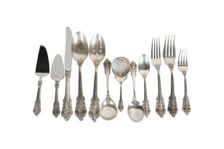 Vintage silver cutlery isolated on white background, clipping path includedの写真素材