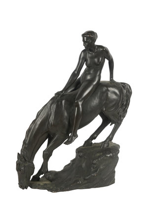 Bronze statue of a woman on a horse isolated on white backgroundの写真素材