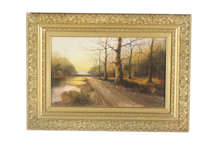 Old wooden picture frame isolated on white background with path and trees.の写真素材