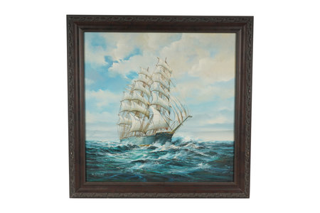 Wooden frame with a sailboat in the sea, isolated on white backgroundの写真素材