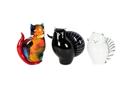 Colorful ceramic cats isolated on white background, clipping path included.の写真素材