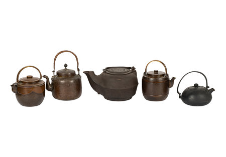 Antique copper teapot isolated on white background with clipping pathの写真素材