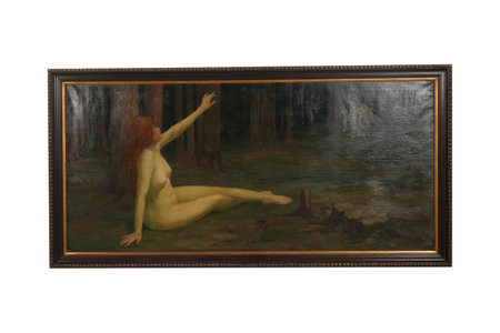 Picture of a young woman with long red hair in front of a mirrorの写真素材