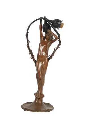 Bronze statue of a woman with a whip on a white backgroundの写真素材