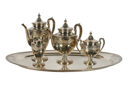 Antique coffee set on silver tray isolated on white background with clipping pathの写真素材