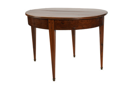 Wooden round table isolated on white background. Clipping path included.の写真素材