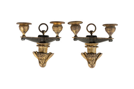 Antique brass candlestick isolated on white background with clipping pathの写真素材