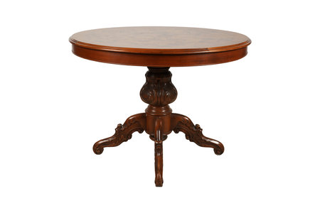 Wooden round table isolated on white background. Clipping path included.の写真素材