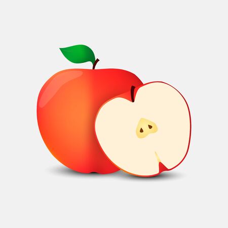 Red apple with green leaf, half apple, vector illustration.のイラスト素材