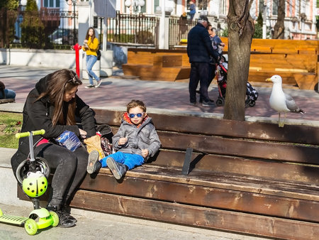 Varna, Bulgaria, Feruary 20, 2019. Mom and son sit on a bench in the park and eat. The seagull on the backrest of the bench is waiting for the child to drop the food.のeditorial素材