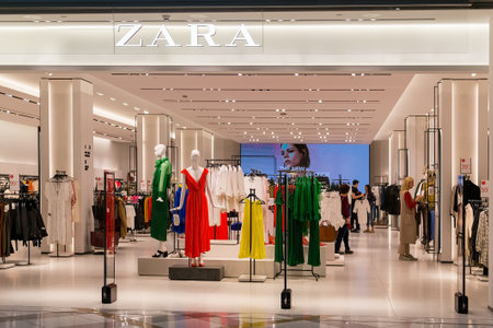 Varna, Bulgaria, March 17, 2019. Entrance to Zara store in the Grand Mall shopping center. Bright and fashionable salesroom of Zara in Bulgaria.のeditorial素材