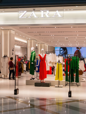 Varna, Bulgaria, March 17, 2019. Entrance to Zara store in the Grand Mall shopping center. Bright and fashionable salesroom of Zara in Bulgaria.のeditorial素材