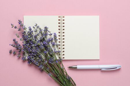 Bouquet of fragrant blooming lavender on a blank paper notepad and white ballpoint pen over a textural pink background. Summer and romantic greeting card with copy space. Top view.の写真素材