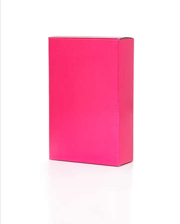 Pink rectangular box of perfume for woman or girl isolated on white background. Gift paper box with...
