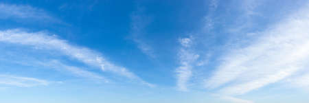 Translucent cirrus cloud stripes float slowly high in a bright blue sky on a sunny day. Panoramic...