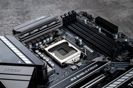 Varna, Bulgaria, January 08, 2021. Processor socket and ram memory slots on a MSI MAG Z490 TOMAHAWK...