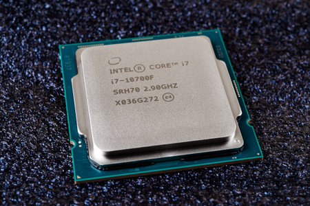 Varna, Bulgaria, January 06, 2021. Intel Core i7-10700F processor on a dark background. 10th gen...