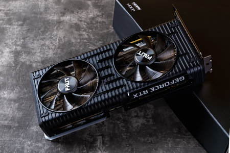 Varna, Bulgaria, January 11, 2021. Palit Nvidia Geforce RTX 3060 Ti Dual OC graphics card for gaming...