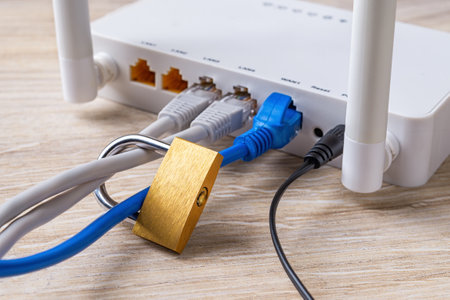 Locked padlock on network cables connected to white Wi Fi wireless router on a desk. Prohibit and...