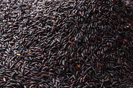 Pile of raw black rice as a background. Texture of uncooked dark rice heap. Unpolished organic black rice grains as source of complex carbohydrates for vegetarian diet and healthy eating. Top view.の写真素材