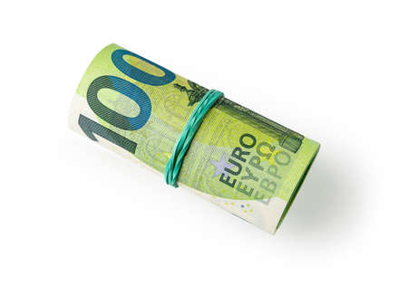 Roll of 100 euro paper currency isolated on white background. Concepts of cash savings, counting...
