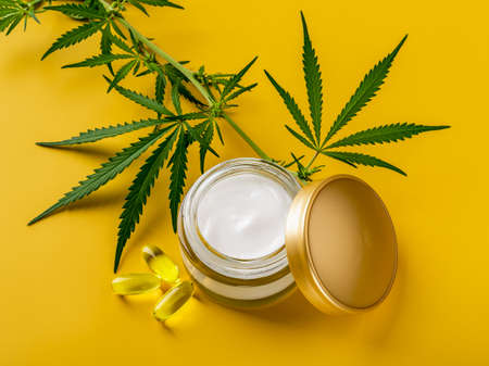 Hemp face cream, few cbd oil capcules and and green cannabis sativa leaves against yellow background. Moisturizing anti-aging herbal cosmetics. Medical marijuana skin care ointment. Top view.の写真素材