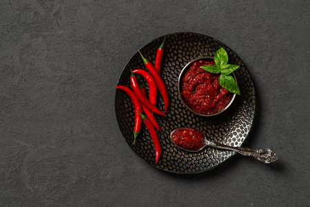 Thick hot chili sauce in a round metal bowl and heap of fresh red hot chili peppers on a black textured plate over dark gray background. Spices and condiments. Copy space. Flat lay. Top view.の写真素材