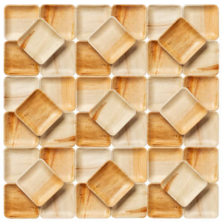 Many palm leaf plates texture isolated on a white background. Geometric tile pattern of empty square...