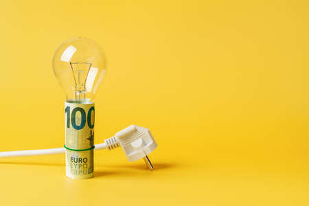 Light bulb on a rolled 100 euro banknotes and white power plug over yellow background. Copy space. Concept of increasing the electricity costs due to power crisis and inflation. Rising energy costs. Front view.の写真素材