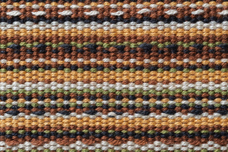 Plain weave fabric macro texture. Cloth background with horizontal strips of white, yellow, green,...