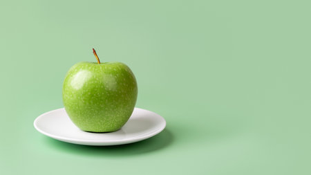 Fresh green apple on a white saucer over pastel green background. Organic ingredient for slimming diet. Weight loss healthy eating. Vitamin vegetarian fruit snack. Copy space. Front view.の写真素材