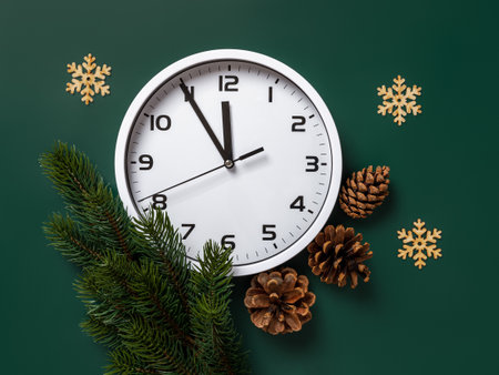 White clock and fir branch over green background. Office style clock counting last minutes before Christmas Eve and New Year. Winter holidays concept. Xmas and New Year greeting card. Flat lay.の写真素材