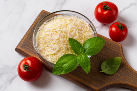 Bowl of grated parmesan and tomatoes over marble surface. Shredded grana padano cheese in a glass bowl and red tomatoes prepared for cooking. Delicious italian hard cheese. Top view.の写真素材