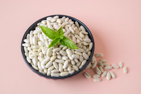 Bowl full of white beans over pastel pink background. Vegetarian protein, organic farm products, harvesting concept. Ingredient for cooking baked beans, bean soup, bean pies. Top view.の写真素材
