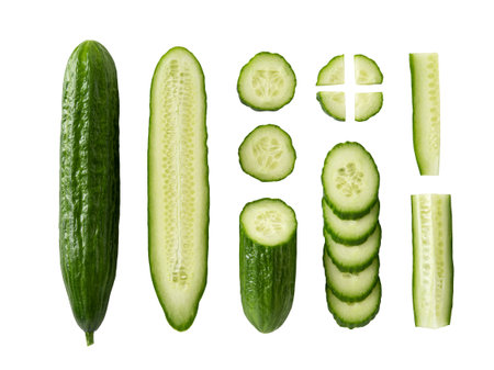 Set of raw green cucumbers whole, cut lengthwise, half and slices variety isolated on a white background. Organic vegetables, vegetarian food, low calories snack concept. Top view.の写真素材