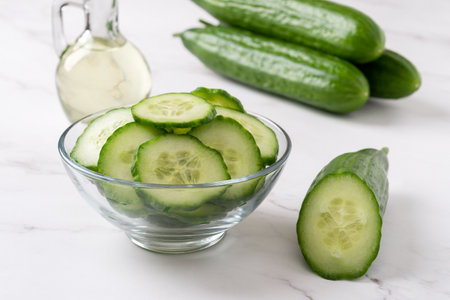 Green cucumber slices in a glass bowl. Long cucumbers, cut in half and bowl of slices over marble countertop. Vegetarian salad, organic vegetables concept. Front view.の写真素材