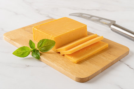 Sheddar cheese slices on a cutting board. Whole and slaced cheese on a wooden chopping board and knife over marble countertop. Dairy product concept. Front view.の写真素材