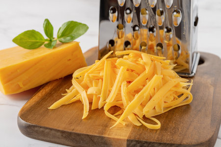 Whole and grated cheddar cheese close-up. Shredded orange cheese and metal grater on a wooden cutting board. Dairy product, milk protein, calcium concept. Front view.の写真素材